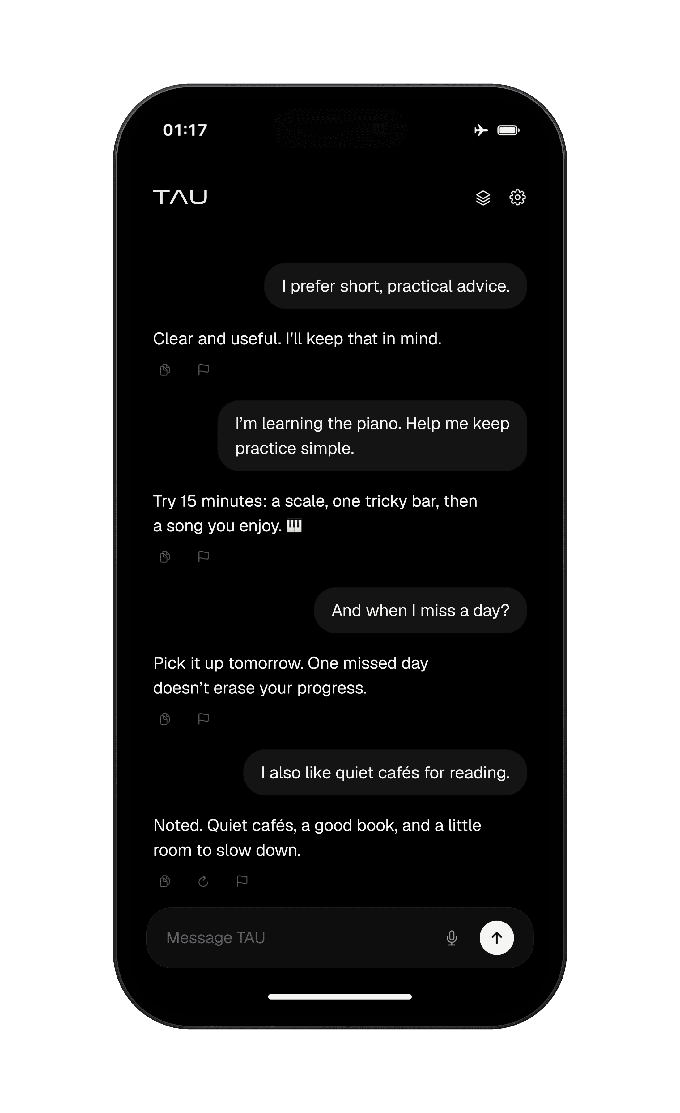 TAU conversation on an iPhone about concise advice, piano practice, and quiet cafés for reading.
