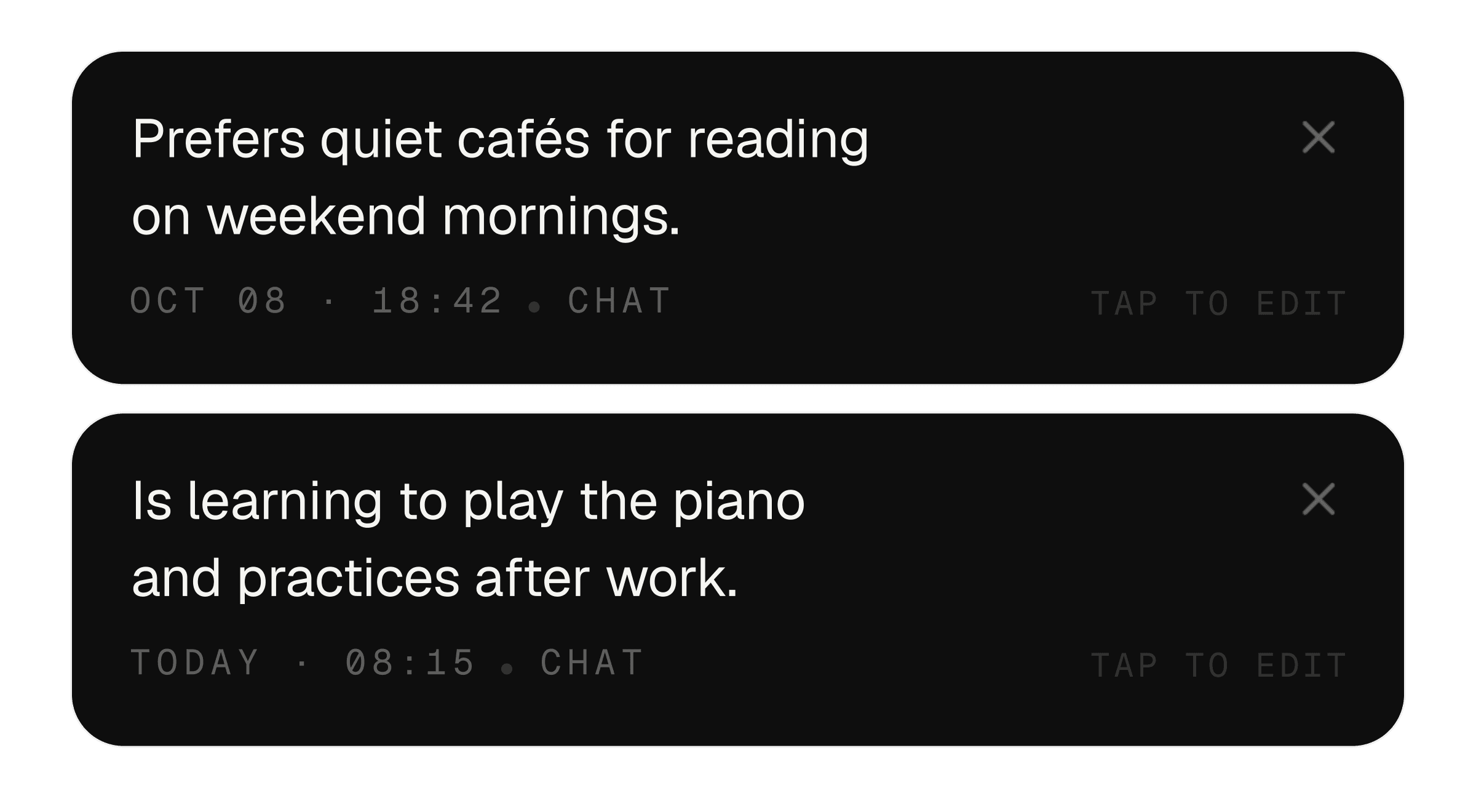 Two TAU memory cards: a preference for quiet cafés and a piano practice habit, each with controls to edit or remove it.