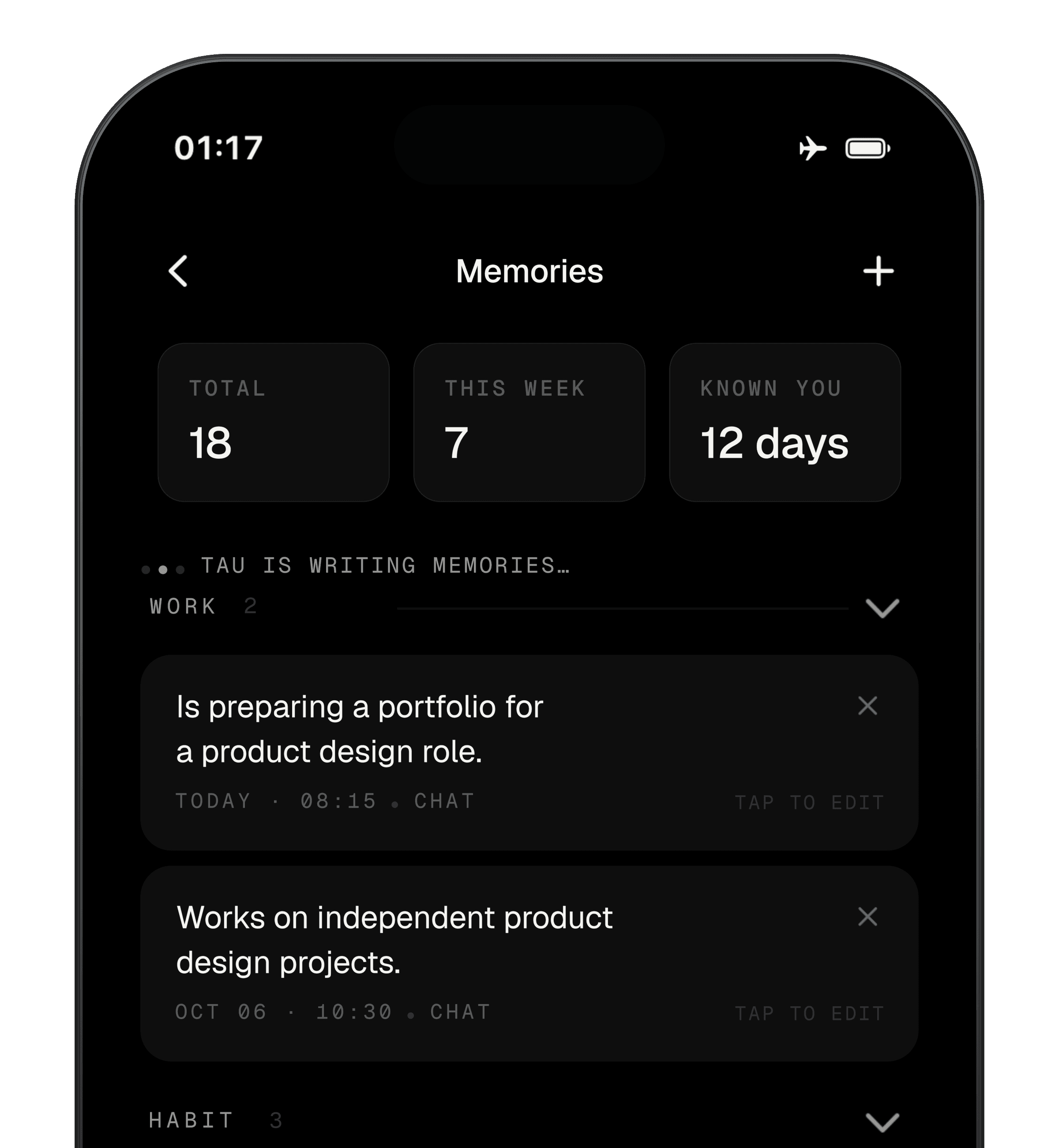 TAU Memories screen on an iPhone, showing work memories being written and editable entries about a design portfolio and independent projects.