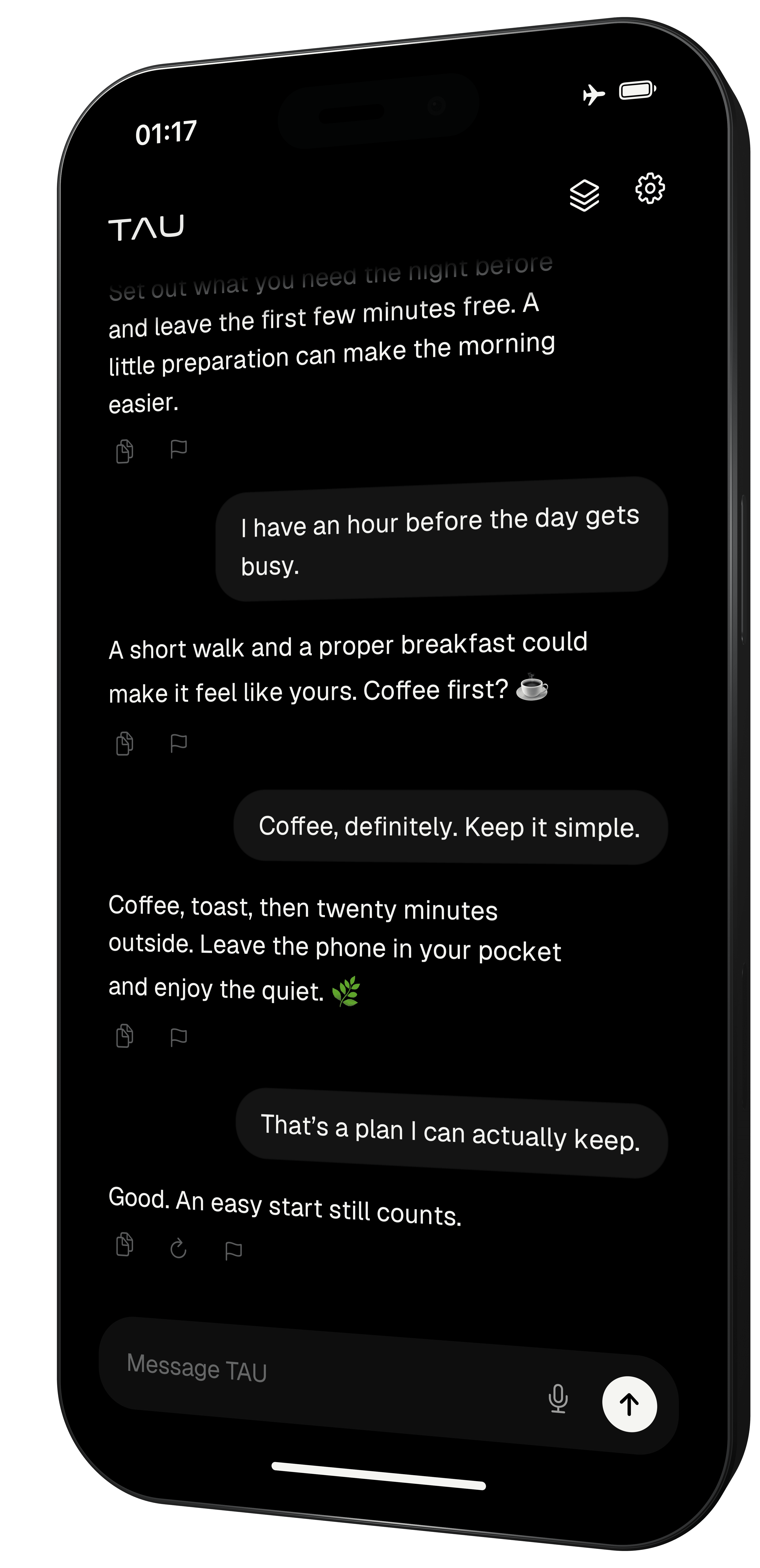 Illustrated TAU chat on an angled black iPhone: planning a simple morning with coffee, toast and time outside.