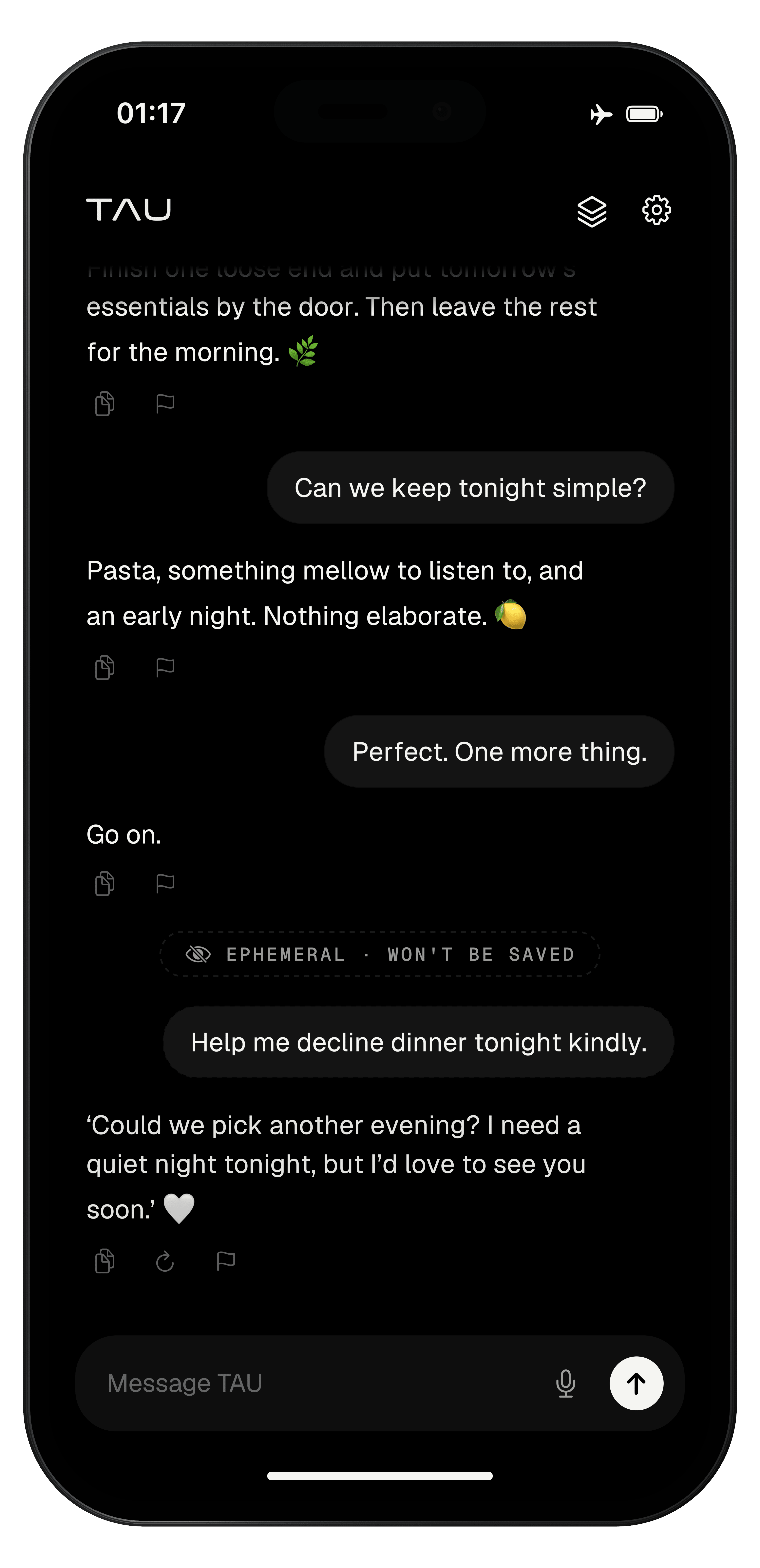 Illustrated TAU Vanish on iPhone. An Ephemeral — won't be saved marker separates a temporary exchange about kindly declining dinner from the earlier chat.