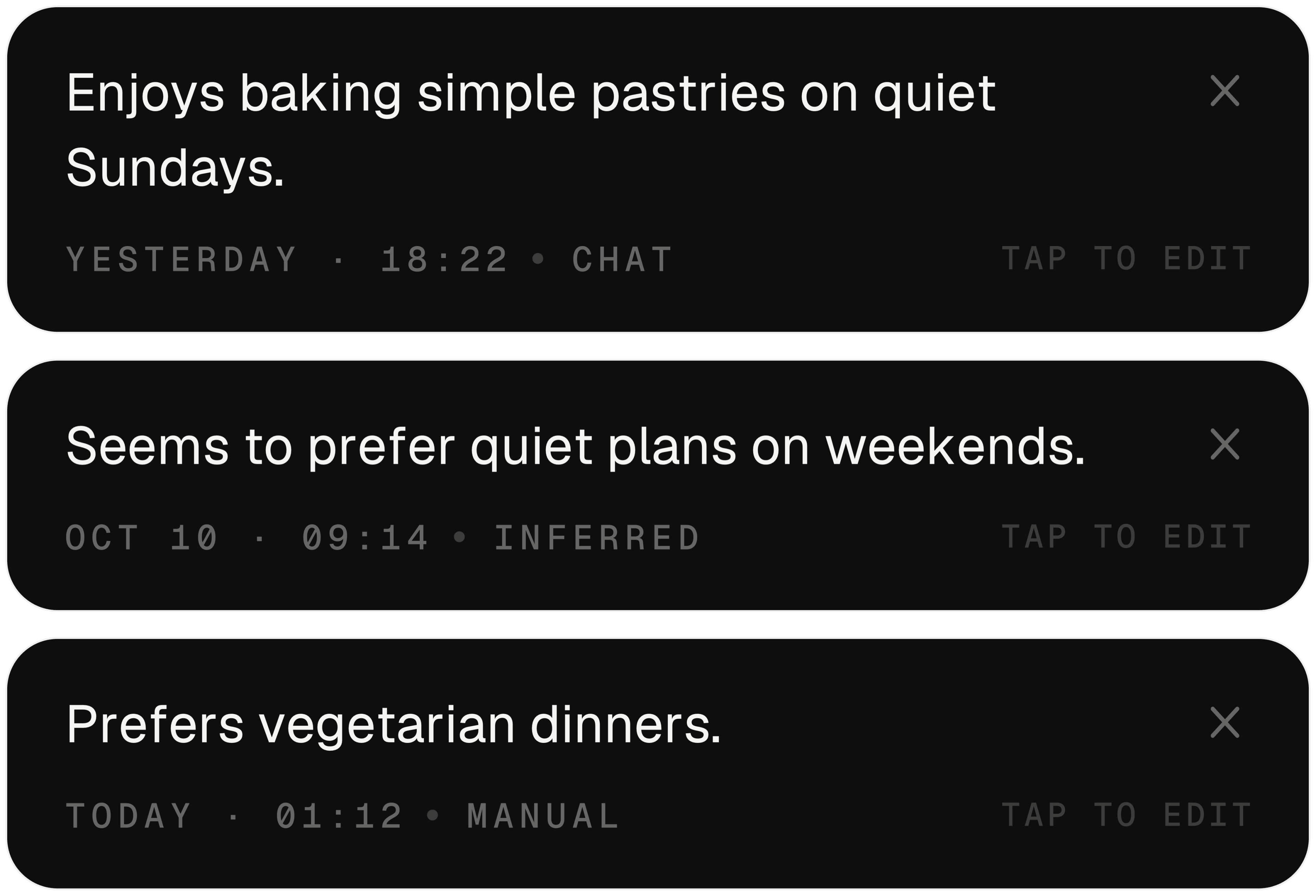 Three illustrated TAU memory cards labelled Chat, Inferred and Manual: baking on quiet Sundays, quiet weekend plans and vegetarian dinners, each with edit and delete controls.