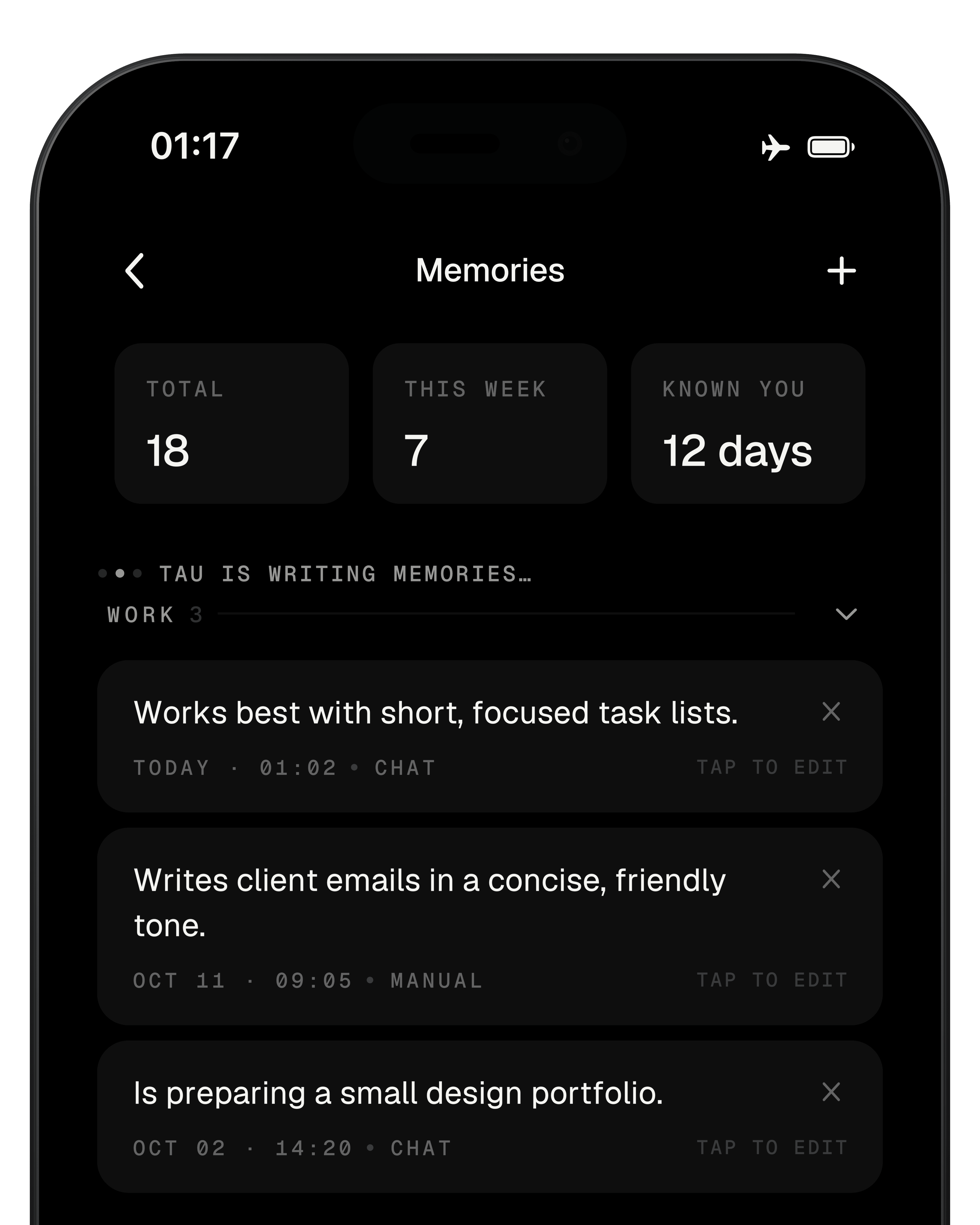 Illustrated TAU Memories view with the indicator TAU is writing memories and editable work memories about focused task lists, friendly client emails and a design portfolio.