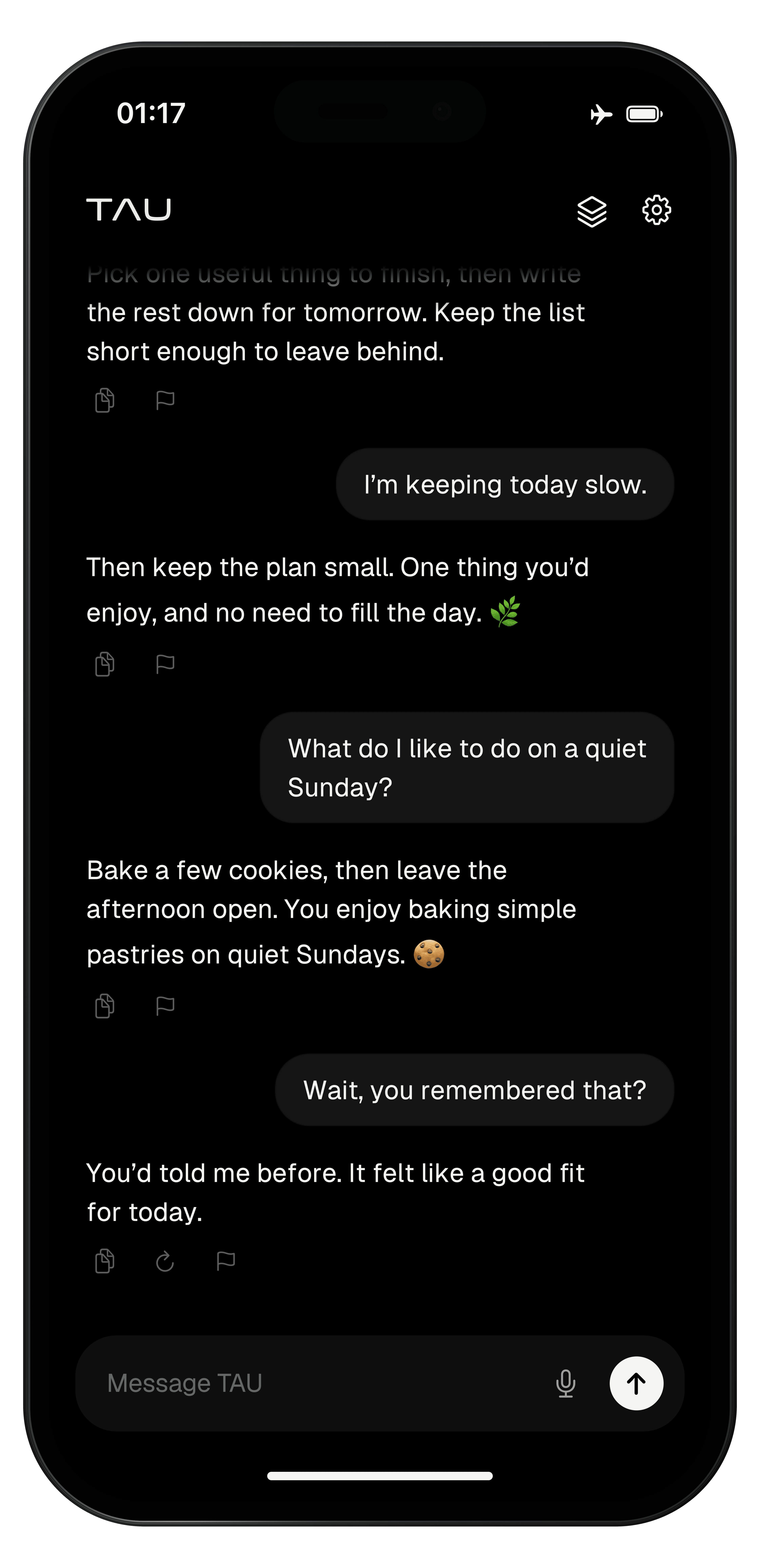Illustrated TAU chat on iPhone: asked what the user likes on a quiet Sunday, TAU recalls a preference for baking simple pastries and suggests cookies.