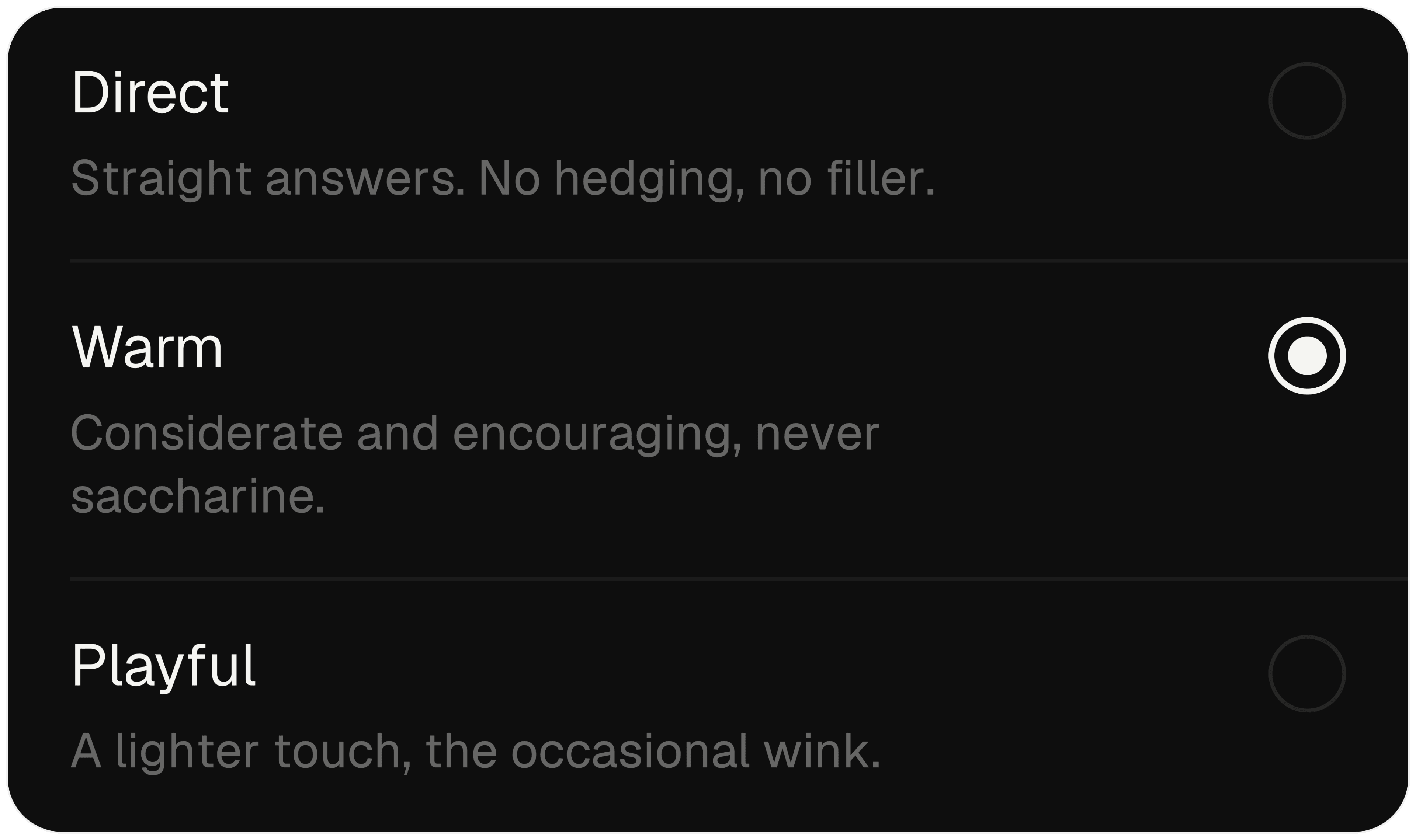 TAU tone settings showing Direct, Warm and Playful, with Warm selected.