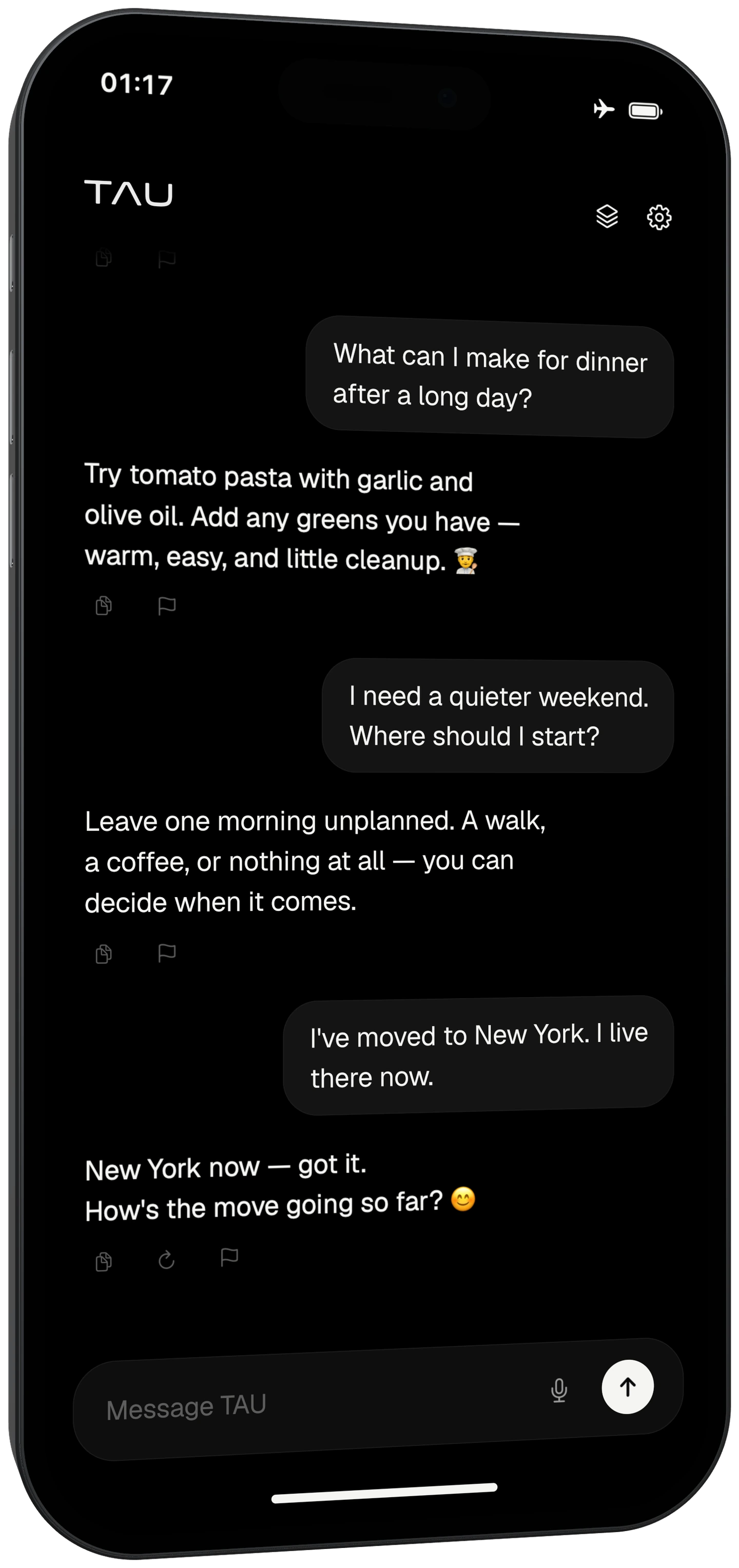 TAU chat on a black iPhone: dinner ideas, a quieter weekend, and a conversation about moving to New York. Illustrated example.