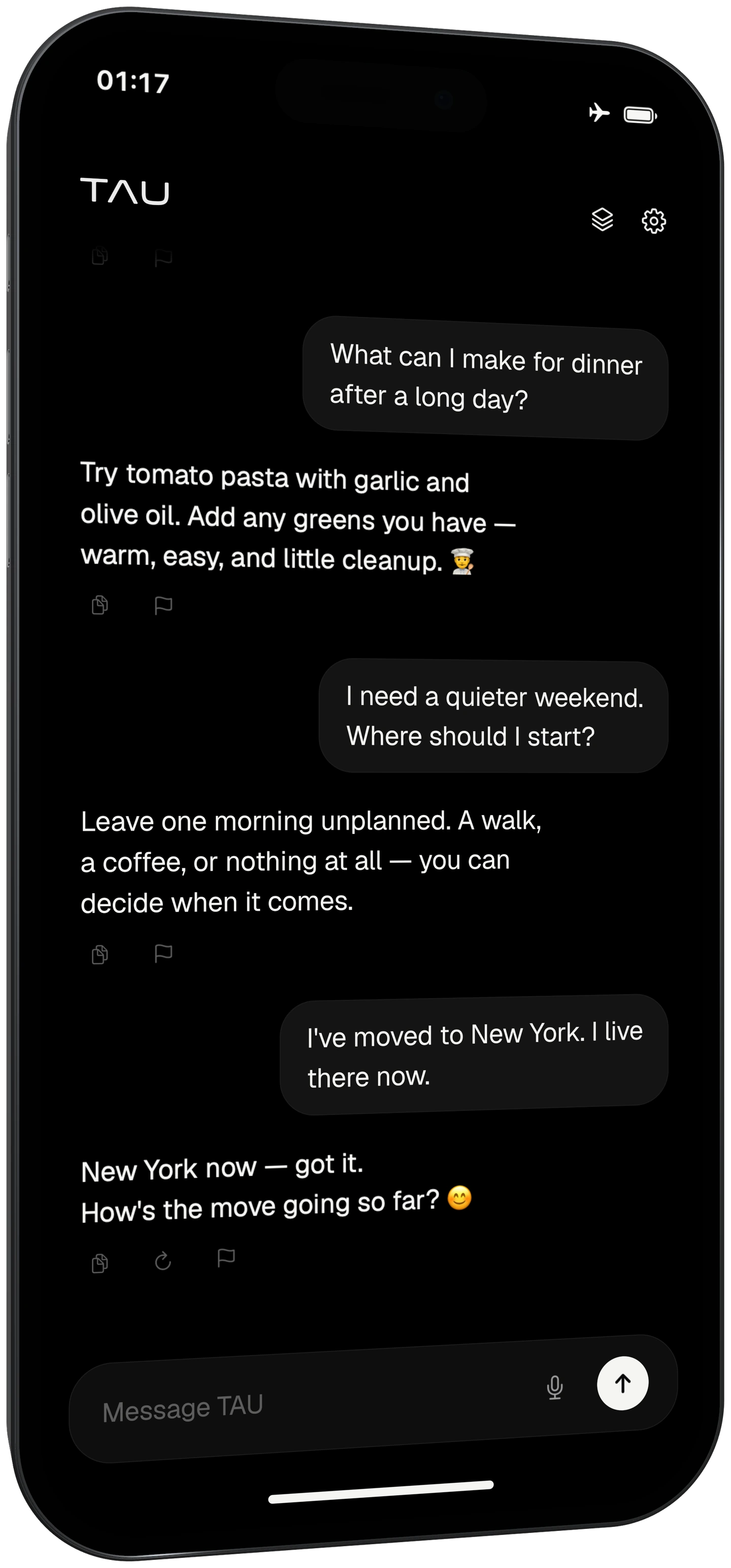 TAU chat on iPhone with the airplane mode icon visible in the status bar. Illustrated offline conversation.